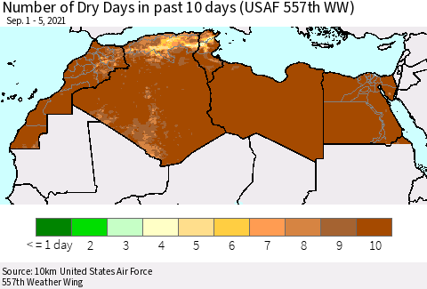 North Africa Number of Dry Days in past 10 days (USAF 557th WW) Thematic Map For 9/1/2021 - 9/5/2021