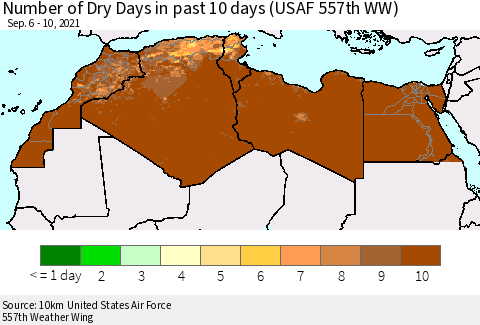 North Africa Number of Dry Days in past 10 days (USAF 557th WW) Thematic Map For 9/6/2021 - 9/10/2021