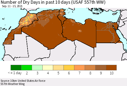 North Africa Number of Dry Days in past 10 days (USAF 557th WW) Thematic Map For 9/11/2021 - 9/15/2021