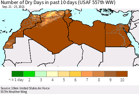 North Africa Number of Dry Days in past 10 days (USAF 557th WW) Thematic Map For 9/21/2021 - 9/25/2021
