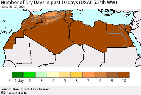 North Africa Number of Dry Days in past 10 days (USAF 557th WW) Thematic Map For 9/26/2021 - 9/30/2021