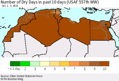 North Africa Number of Dry Days in past 10 days (USAF 557th WW) Thematic Map For 10/1/2021 - 10/5/2021
