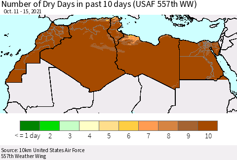 North Africa Number of Dry Days in past 10 days (USAF 557th WW) Thematic Map For 10/11/2021 - 10/15/2021