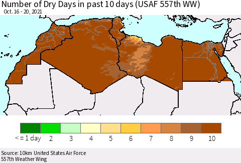 North Africa Number of Dry Days in past 10 days (USAF 557th WW) Thematic Map For 10/16/2021 - 10/20/2021
