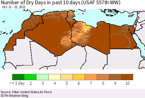 North Africa Number of Dry Days in past 10 days (USAF 557th WW) Thematic Map For 10/21/2021 - 10/25/2021