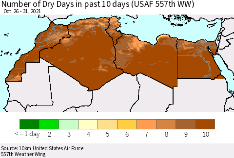 North Africa Number of Dry Days in past 10 days (USAF 557th WW) Thematic Map For 10/26/2021 - 10/31/2021