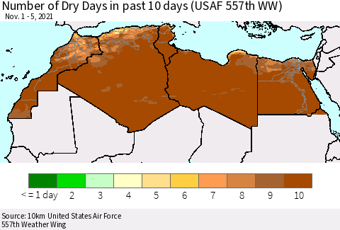 North Africa Number of Dry Days in past 10 days (USAF 557th WW) Thematic Map For 11/1/2021 - 11/5/2021