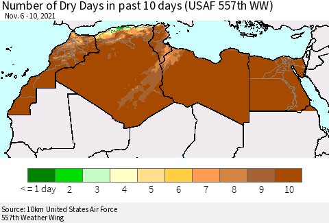 North Africa Number of Dry Days in past 10 days (USAF 557th WW) Thematic Map For 11/6/2021 - 11/10/2021