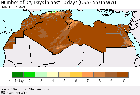 North Africa Number of Dry Days in past 10 days (USAF 557th WW) Thematic Map For 11/11/2021 - 11/15/2021