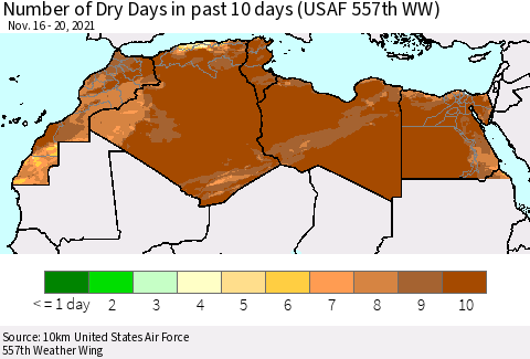 North Africa Number of Dry Days in past 10 days (USAF 557th WW) Thematic Map For 11/16/2021 - 11/20/2021
