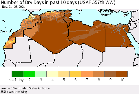 North Africa Number of Dry Days in past 10 days (USAF 557th WW) Thematic Map For 11/21/2021 - 11/25/2021