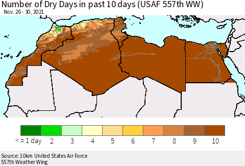 North Africa Number of Dry Days in past 10 days (USAF 557th WW) Thematic Map For 11/26/2021 - 11/30/2021
