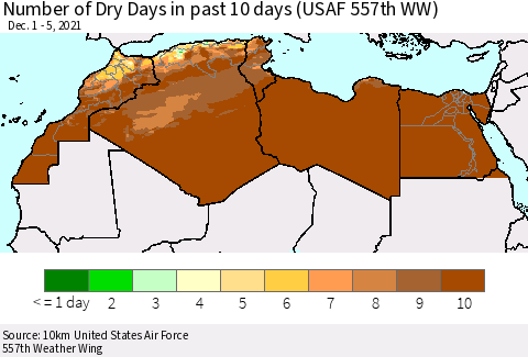 North Africa Number of Dry Days in past 10 days (USAF 557th WW) Thematic Map For 12/1/2021 - 12/5/2021