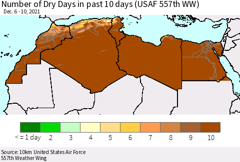 North Africa Number of Dry Days in past 10 days (USAF 557th WW) Thematic Map For 12/6/2021 - 12/10/2021