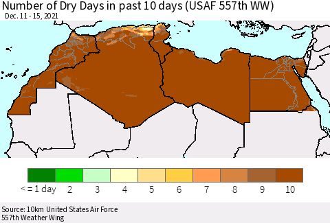 North Africa Number of Dry Days in past 10 days (USAF 557th WW) Thematic Map For 12/11/2021 - 12/15/2021