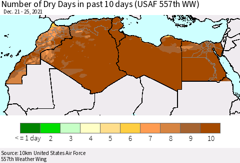 North Africa Number of Dry Days in past 10 days (USAF 557th WW) Thematic Map For 12/21/2021 - 12/25/2021