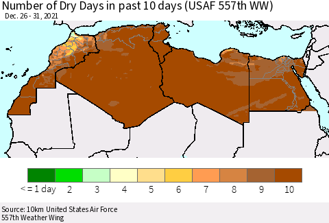 North Africa Number of Dry Days in past 10 days (USAF 557th WW) Thematic Map For 12/26/2021 - 12/31/2021