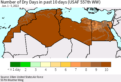 North Africa Number of Dry Days in past 10 days (USAF 557th WW) Thematic Map For 1/1/2022 - 1/5/2022