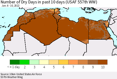 North Africa Number of Dry Days in past 10 days (USAF 557th WW) Thematic Map For 1/6/2022 - 1/10/2022