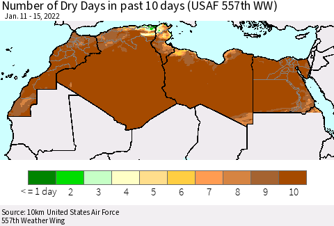North Africa Number of Dry Days in past 10 days (USAF 557th WW) Thematic Map For 1/11/2022 - 1/15/2022