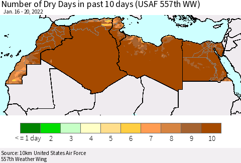 North Africa Number of Dry Days in past 10 days (USAF 557th WW) Thematic Map For 1/16/2022 - 1/20/2022