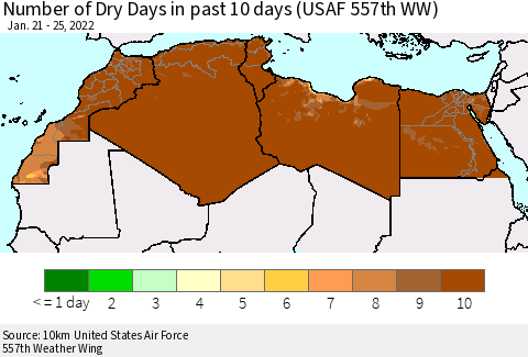 North Africa Number of Dry Days in past 10 days (USAF 557th WW) Thematic Map For 1/21/2022 - 1/25/2022