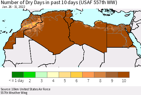 North Africa Number of Dry Days in past 10 days (USAF 557th WW) Thematic Map For 1/26/2022 - 1/31/2022