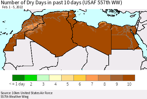 North Africa Number of Dry Days in past 10 days (USAF 557th WW) Thematic Map For 2/1/2022 - 2/5/2022