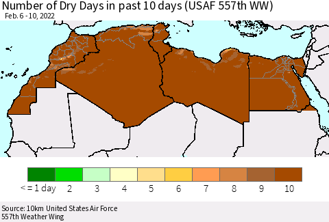 North Africa Number of Dry Days in past 10 days (USAF 557th WW) Thematic Map For 2/6/2022 - 2/10/2022