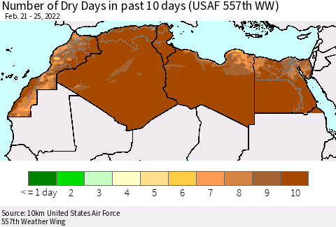North Africa Number of Dry Days in past 10 days (USAF 557th WW) Thematic Map For 2/21/2022 - 2/25/2022