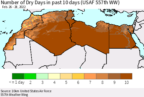 North Africa Number of Dry Days in past 10 days (USAF 557th WW) Thematic Map For 2/26/2022 - 2/28/2022