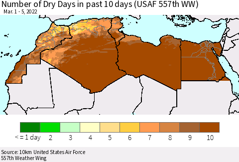 North Africa Number of Dry Days in past 10 days (USAF 557th WW) Thematic Map For 3/1/2022 - 3/5/2022
