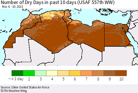 North Africa Number of Dry Days in past 10 days (USAF 557th WW) Thematic Map For 3/6/2022 - 3/10/2022