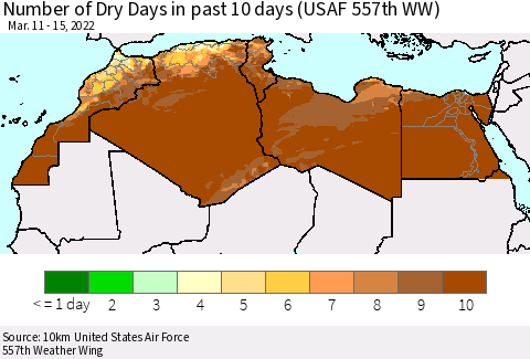 North Africa Number of Dry Days in past 10 days (USAF 557th WW) Thematic Map For 3/11/2022 - 3/15/2022
