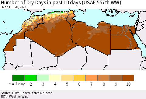North Africa Number of Dry Days in past 10 days (USAF 557th WW) Thematic Map For 3/16/2022 - 3/20/2022