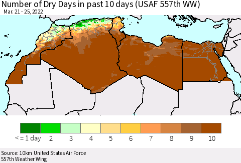 North Africa Number of Dry Days in past 10 days (USAF 557th WW) Thematic Map For 3/21/2022 - 3/25/2022