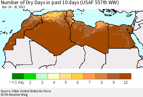North Africa Number of Dry Days in past 10 days (USAF 557th WW) Thematic Map For 4/16/2022 - 4/20/2022