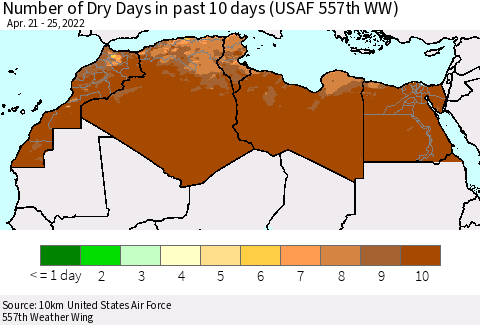 North Africa Number of Dry Days in past 10 days (USAF 557th WW) Thematic Map For 4/21/2022 - 4/25/2022