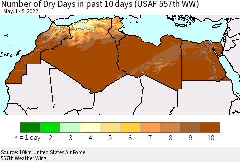 North Africa Number of Dry Days in past 10 days (USAF 557th WW) Thematic Map For 5/1/2022 - 5/5/2022