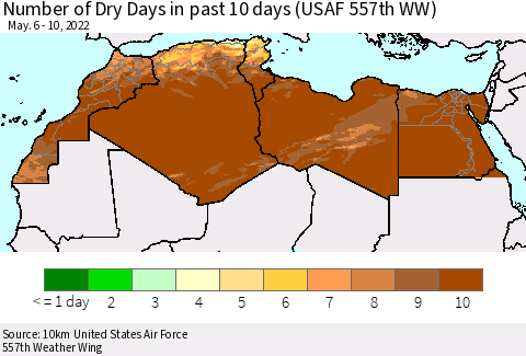 North Africa Number of Dry Days in past 10 days (USAF 557th WW) Thematic Map For 5/6/2022 - 5/10/2022