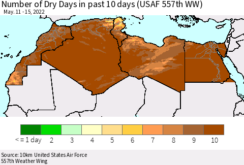 North Africa Number of Dry Days in past 10 days (USAF 557th WW) Thematic Map For 5/11/2022 - 5/15/2022