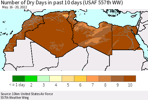 North Africa Number of Dry Days in past 10 days (USAF 557th WW) Thematic Map For 5/16/2022 - 5/20/2022