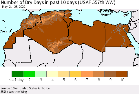 North Africa Number of Dry Days in past 10 days (USAF 557th WW) Thematic Map For 5/21/2022 - 5/25/2022