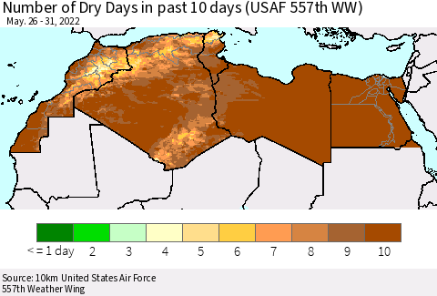 North Africa Number of Dry Days in past 10 days (USAF 557th WW) Thematic Map For 5/26/2022 - 5/31/2022