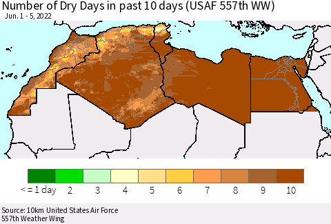 North Africa Number of Dry Days in past 10 days (USAF 557th WW) Thematic Map For 6/1/2022 - 6/5/2022