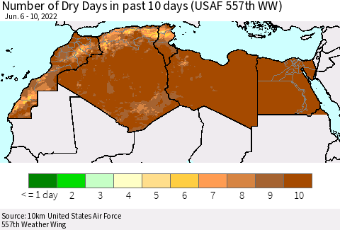North Africa Number of Dry Days in past 10 days (USAF 557th WW) Thematic Map For 6/6/2022 - 6/10/2022