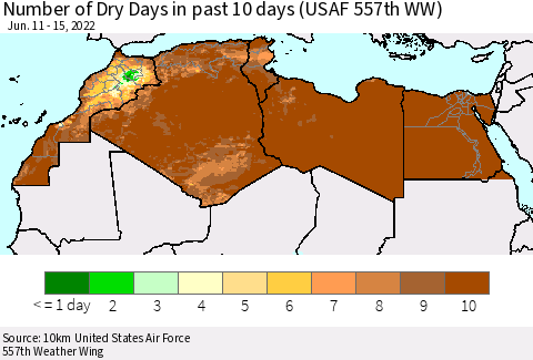 North Africa Number of Dry Days in past 10 days (USAF 557th WW) Thematic Map For 6/11/2022 - 6/15/2022