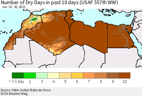 North Africa Number of Dry Days in past 10 days (USAF 557th WW) Thematic Map For 6/16/2022 - 6/20/2022