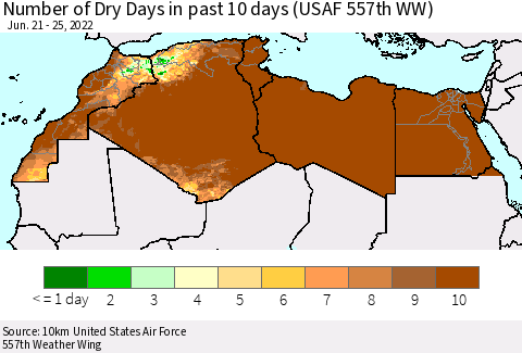 North Africa Number of Dry Days in past 10 days (USAF 557th WW) Thematic Map For 6/21/2022 - 6/25/2022
