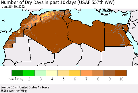 North Africa Number of Dry Days in past 10 days (USAF 557th WW) Thematic Map For 6/26/2022 - 6/30/2022